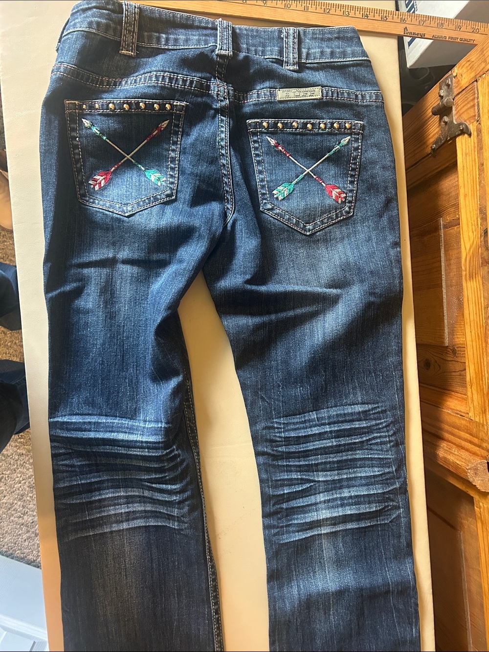 Cowgirl Tuff Dark Blue Bootcut Jeans with Embroidered Arrow Pockets